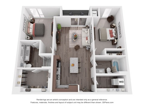 Floor plan for 2 beds, 2 baths, 1177 sqft